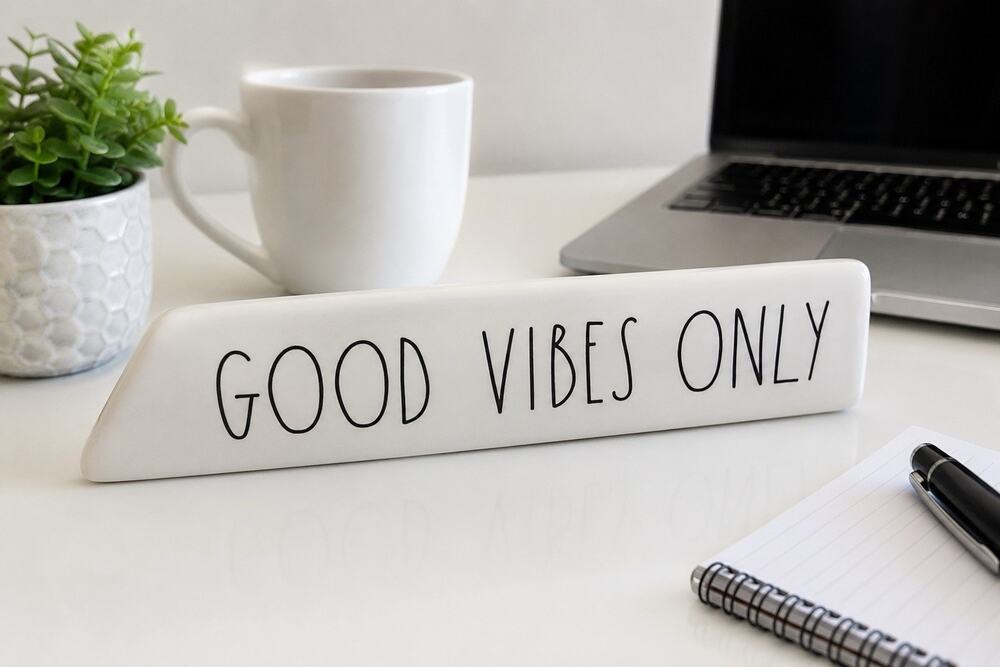 Rae Dunn GOOD VIBES ONLY Ceramic Desk Sign Shelf Sitter Office Decor